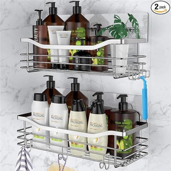 Shower Caddy Basket Shelf with 5 Hooks Adhesive Organizer Storage Rack Rustproof - Picture 7 of 7